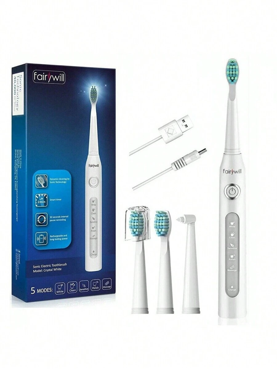 Fairywill Electric Toothbrush For Adults With 5 Modes, Rechargeable Electric Toothbrush With 4 Brush Heads & 40,000 VPM Deep Clean USB IPX7 - White - View 1