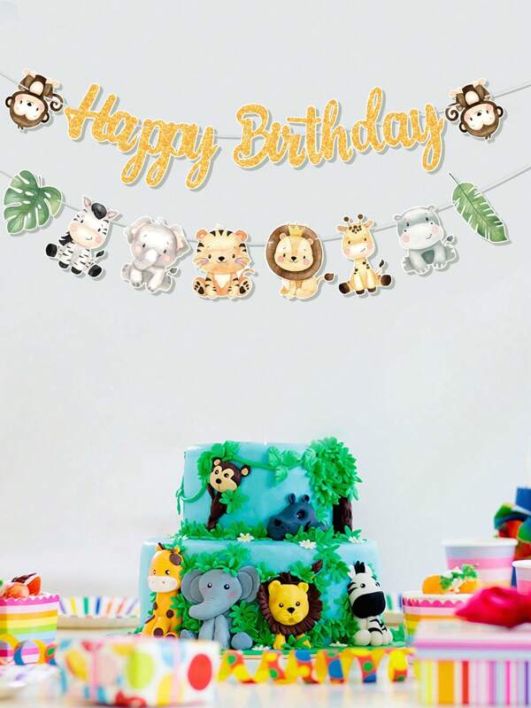 1 Stück Dschungel Tier Happy Birthday Banner, Geburtstags Party Hintergrund Flagge Dekoration zum Aufhängen, Themen Geburtstags Party Dekoration Zuhause, Weihnachten