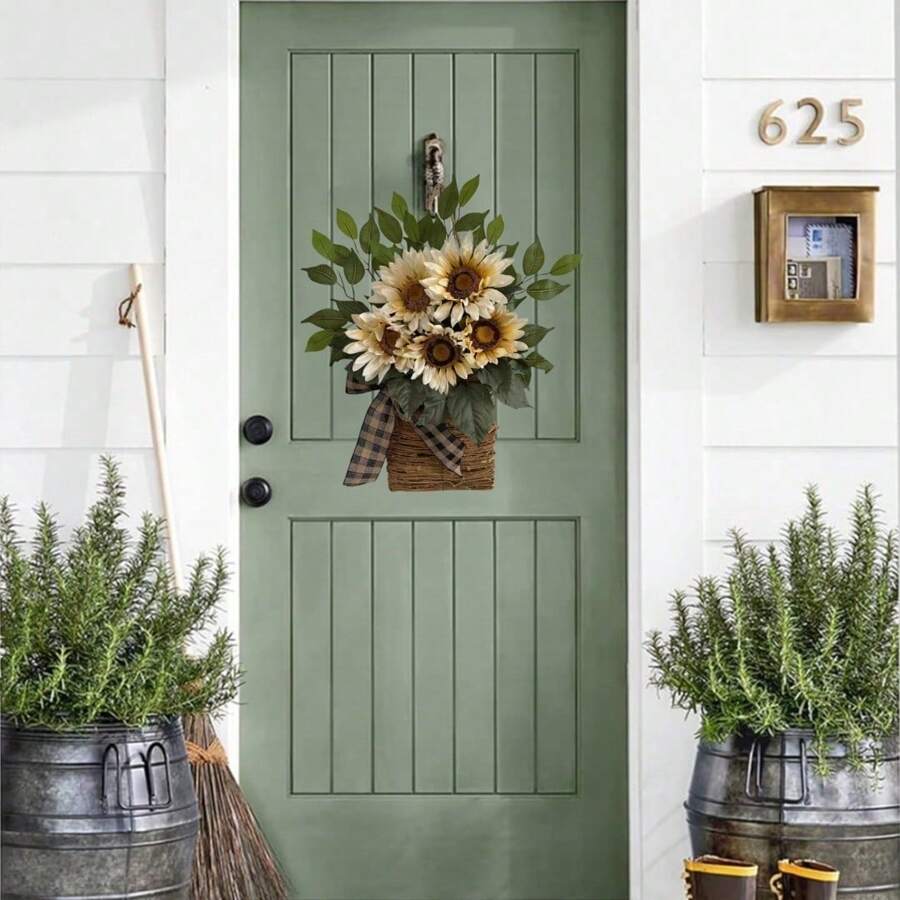 Wreaths For Front Door, Sunflower Door Hanger Basket Wreath Summer Spring Wreaths For Home Decoration Wedding Decor - White - View 1