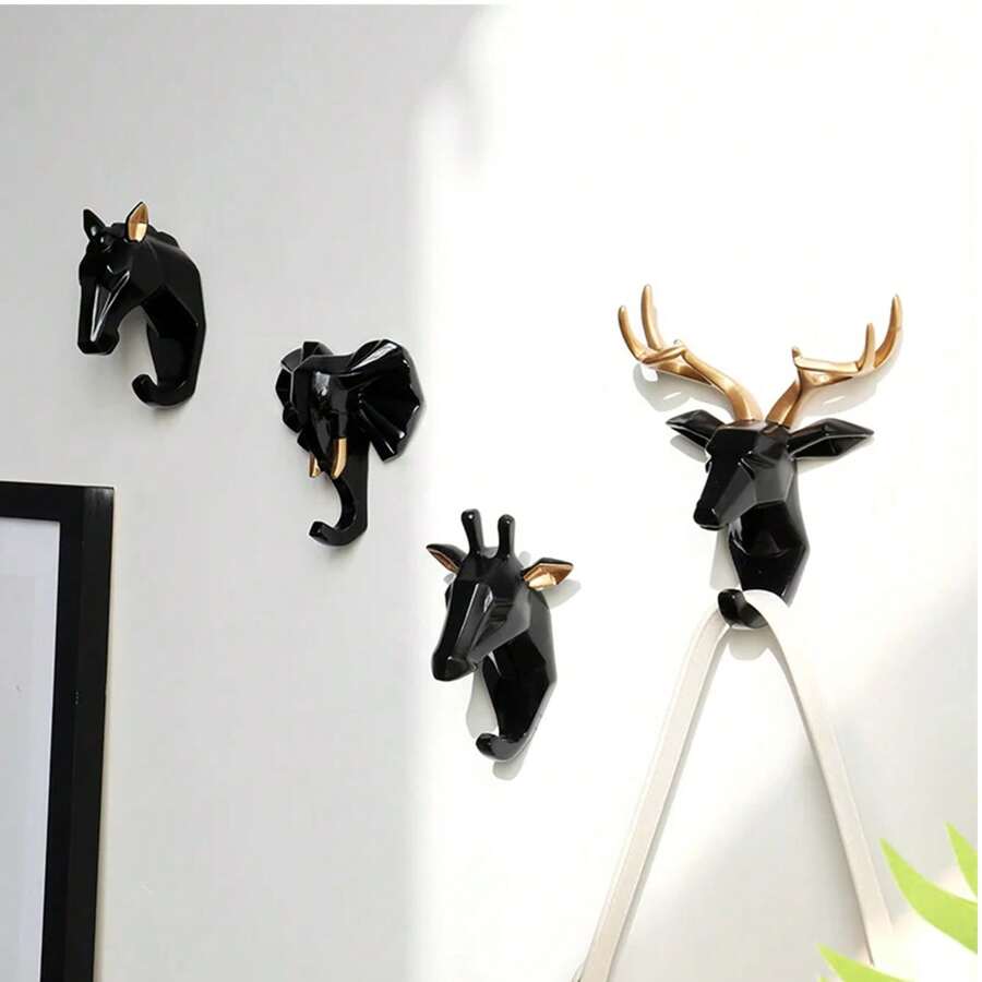 1pc Black Resin Cute Animals Wall Hook For Key Hat Hanger Wall Decor Deer Hosre Elephant Giraffe Figurine Decorative Hooks For Towel Kitchen Key Holder Wall - Black - View 1