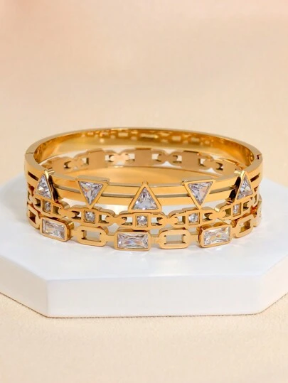 3入組18K鍍金立方氧化鋯不銹鋼手鍊組，時尚幾何三角形和方形鎖扣設計，適用於休閒或派對女士珠寶婚禮禮品