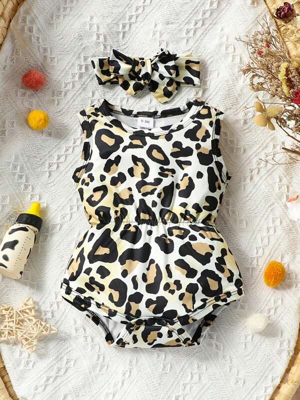 Baby Girl 1pc Leopard Print Sleeveless Bodysuit, Summer
