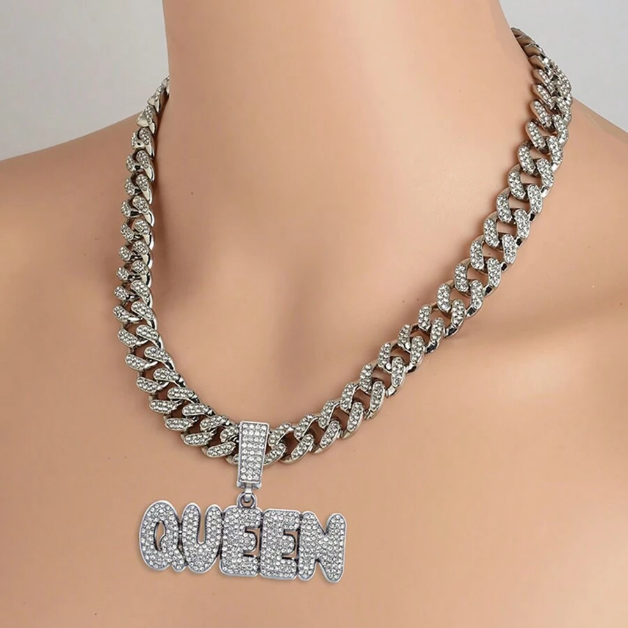 銀色Hip Hop CZ石頭吊墜的男士珠寶飾品,時尚說唱歌手珠寶, Rock Iced Out銀色亮晶晶金屬頸鍊 - 銀色 - 查看 1
