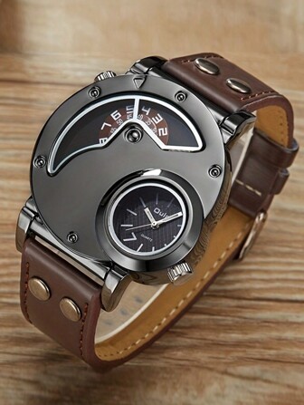 1pc Men's Watch Fashion Brand Luxury Men's Watch Dual Time Zone Quartz Watch Casual Men's Leather Watch Sports Men's Clock Hip-Hop Style Band Watch