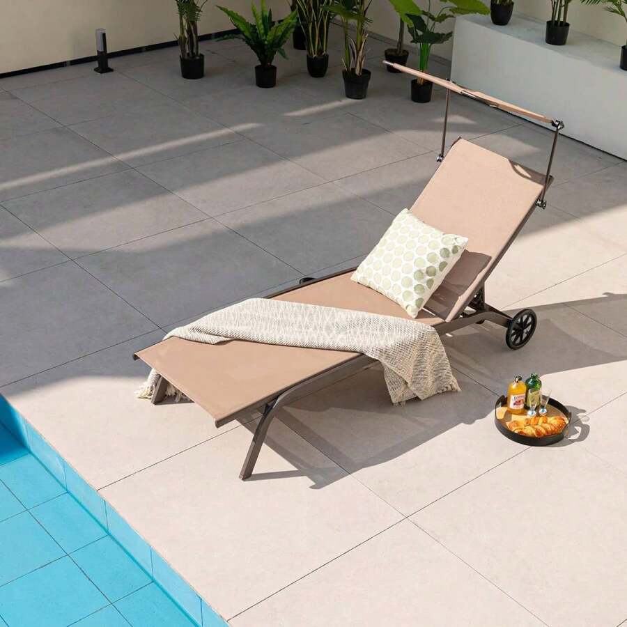 Garden Lounger, Sun Lounger With Roof, Garden Lounger With Wheels & Cup Holder, Backrest Adjustable In 6 Levels, Weatherproof Garden Lounger, Load Capacity Up To 150kg, 165 X 61 X 96cm - Brown - View 1