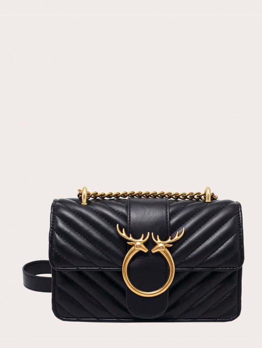 Old Money 金属装饰单肩包女士迷你 Love Bag Icon 黑色-古金色，适合教师、女性、女友和家人的最佳礼品包，时尚商务休闲女士包 - 黑色 - 查看 1