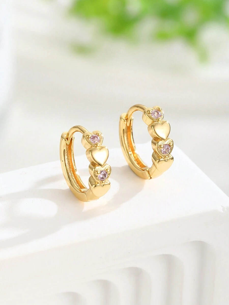 1 Pair Heart-Shaped Cubic Zirconia Stud Earrings, Suitable For Children, Girls, Family, Friends, Classmates, Parties, Banquets, Festivals, Dates, Summer Beach Vacations, And Daily Wear As Jewelry Gifts - Yellow Gold - View 1