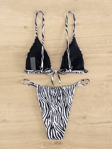 新款性感比基尼套装，三角文胸搭配侧系带泳裤，女士两件式印花泳衣，夏季海滩度假必备 - 黑與白 - 查看 4