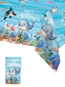 1pc 220*130cm Ocean Theme Shark, Shell, Dolphin Pattern Disposable Plastic Tablecloth, Suitable For Birthday Party, Pool Party, Blue Ocean Shark Theme Party Supplies, Embossed Edge Decor Tablecloth, Home Decor, Christmas - Multicolor - View 4