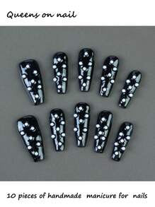 10pcs Handmade Press-On Fake Nails, Purple, Smudged, Metallic Butterfly, Heart Rhinestones, Moon, Stars, Pearls, Square Diamonds, Stripes, Shiny Rhinestones, Cat Eye Gradient, Metal Bear, Solid Color, French Style, Long Style, Ballet Style Fake Nails Nails, 1 Piece Nail File And 1 Piece Jelly Glue, Holiday Gifts For Girls And Women For Holiday Parties And Daily Wear (4872, 4869, 4868, 4866, 4865, 4867) - Multicolor - View 2