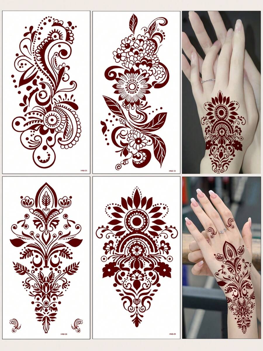 4 张指甲花贴纸，防水棕色指甲花纹身贴纸，花朵指甲花贴纸，女士适用