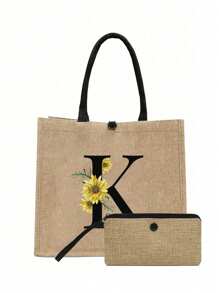 两件套，卡其色简约字母雏菊印花亚麻手提包，沙滩手提包带零钱包，便携式按扣，送给女朋友的礼物，多功能便携手提包，教师节礼物亚麻包