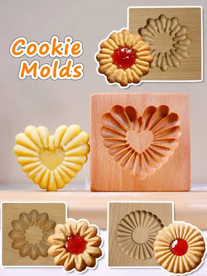 Cippes 1PC Wood Cookie Molds With Carved Embossed 3D Patterns, Kitchen Baking Tools, Fondant Cake Biscuit Decorating, DIY Cookie Cutter Moulds For Valentine's Day, Christmas