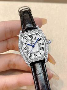 Duolz Quality Diamond Decorated Simple Pu Leather Belt Roman Numeral Women's Waterproof Watch