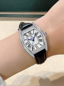 Duolz Quality Diamond Decorated Simple Pu Leather Belt Roman Numeral Women's Waterproof Watch