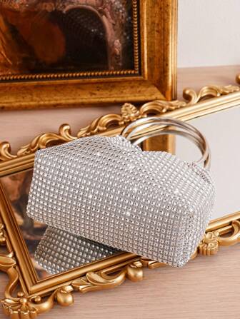 Evening Clutch Bag With Rhinestone Decoration, Double Ring Handle Handbag, Party Bag For Phone, Fashion Accessories, Perfect For Party Wedding Prom Dinner/Banquet, Matching With Holiday Party Dress Evening Dress & Sequin Dress, Perfectly Matching With New Years Outfit, Excellently Matching With Party Dresses For Women, Glamorous Rhinestone Bag, Perfectly Matching With Prom Accessories, Clutch Bag For Wedding
