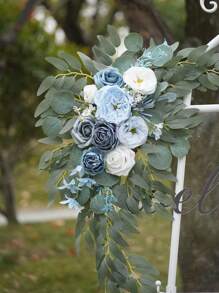 Lingqing Decoration Set de 2 piezas, Adorno floral artificial para letreros de bienvenida de boda, decoraciones florales y letreros de ceremonia y recepción de boda (azul), Día de San Valentín, Regalo - Azul - Ver 6