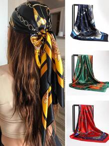 90cm女士印花人造絲圍巾，方形緞子披肩，遮陽，頭巾斗篷，頭髮圍巾，頭帶，給你打扮造型的理想之選