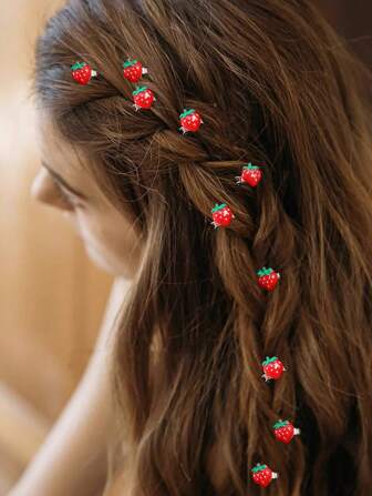 10 piezas Lazos para el cabello con decoración de fresas, adecuados para uso diario, Día de San Valentín, pasadores, pinzas y accesorios para el cabello, útiles escolares
