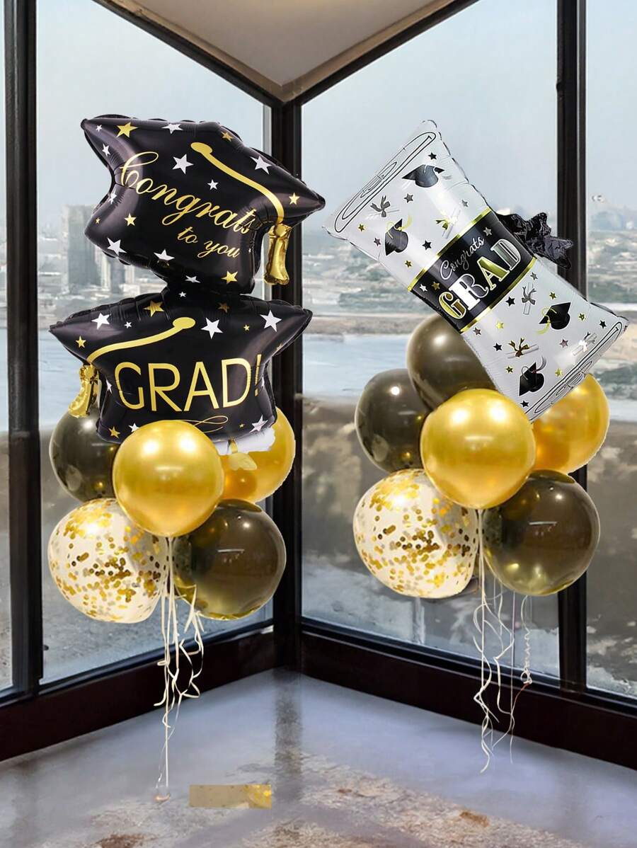 7pcs/Set Black And Gold Graduation Cap Balloons - Large, 32 Inches,|Congratulation Graduation Balloon Decorations |2024 Graduation Balloons, Graduation Cap Balloons|2024 Graduation Decorations - Multicolor - View 1