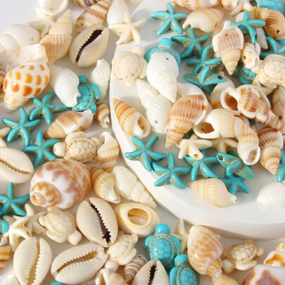 65pcs Random Sizes Natural Shell Pendant Set Including Conch, Starfish, Turtle, Tortoise, DIY Handmade Materials For Bracelet, Necklace, Earrings, Anklet, Waist Chain, Jewelry Accessories