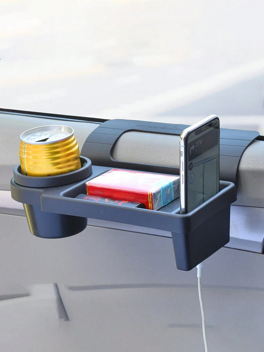 1pc Multifunctional Car Organizer Box With Cup Holder, Side Door Window Phone Slot, Hanging Plastic Storage Rack For Vehicle - Black - View 1