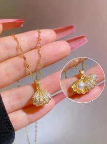 1pc Stainless Steel Micro-Inlaid Cubic Zirconia Hollowed-Out Shell Pearl Necklace - Yellow Gold - View 2