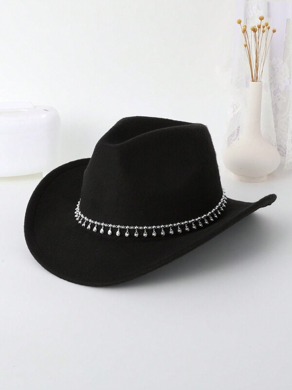 1pc Women's Plain Reflective Tassel & Rhinestone Decor Upturn Brim Cowboy Jazz Hat, Suitable For Music Festivals, Parties, Spring-Fall Daily Wear, Versatile