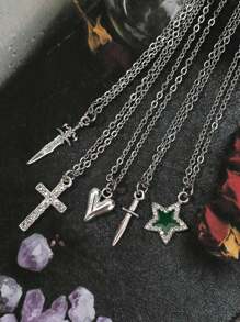 5 cái/bộ Gô-tích Vintage Rock Phong cách Bộ vòng cổ Dành Cho Nam Và Nữ , Bao gồm Vượt qua , Thanh kiếm , Con rắn Vượt qua , Ác quỷ , Sọ , Trang trí đá quý Sọ , Tim , Tay , Ngôi sao , To lớn Ngôi sao Và Nhện Mặt dây chuyền , Ins Bohemia Bộ trang sức Đối với phụ nữ - Ngôi sao - Xem 14