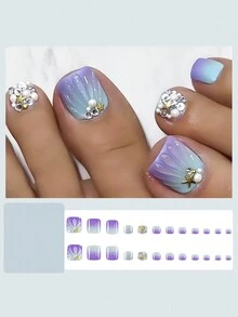 24入組短款3D水滴形狀紫色漸變指甲藝術，含海星、珍珠和水鑽 + 1支果凍凝膠 + 1個指甲文件 - 彩色 - 查看 2