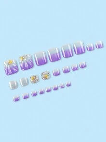 24入組短款3D水滴形狀紫色漸變指甲藝術，含海星、珍珠和水鑽 + 1支果凍凝膠 + 1個指甲文件 - 彩色 - 查看 4