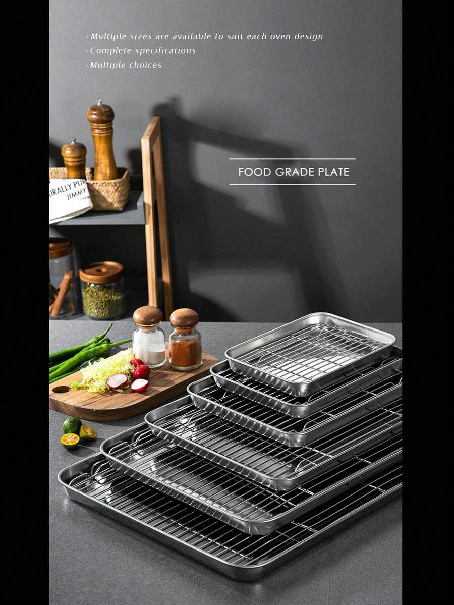 Juego de bandeja de hornear de acero inoxidable con fondo plano y rejilla de enfriamiento, marco de distribución de horneado de rejilla, bandeja de horno cuadrada multiusos 304 - acero inoxidable 304 - Ver 1