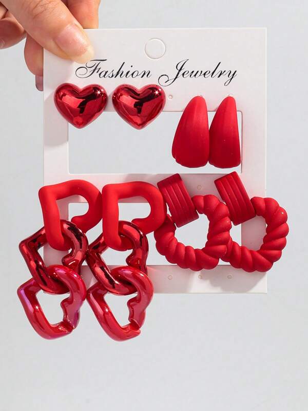1set 4pairs Fashionable Acrylic Red Pendant Earrings Set, Suitable For Women's Daily Wear
