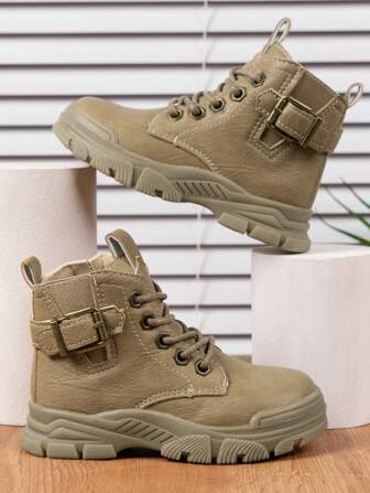 1 Pair Children's  Boots, PU Leather Upper With Anti-Slip Thick Sole And Side Zipper Closure