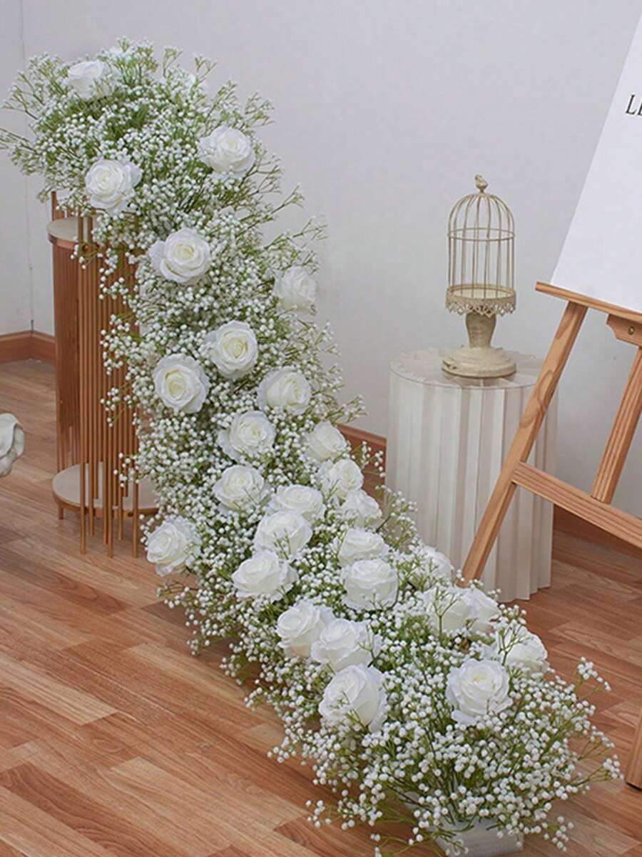 White Rose Babysbreath Artificial Flower Row Wedding Backdrop Arch Decor Hang Floral Arrangement Event Party Photo Props - màu xanh lá - Xem 1