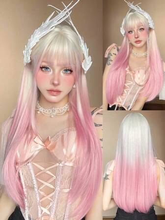 单片式合成耐热假发，白色渐变粉色长直发，层次分明，逼真自然，长26英寸，纤维材质，适合派对、节日、角色扮演等场合佩戴，女士假发