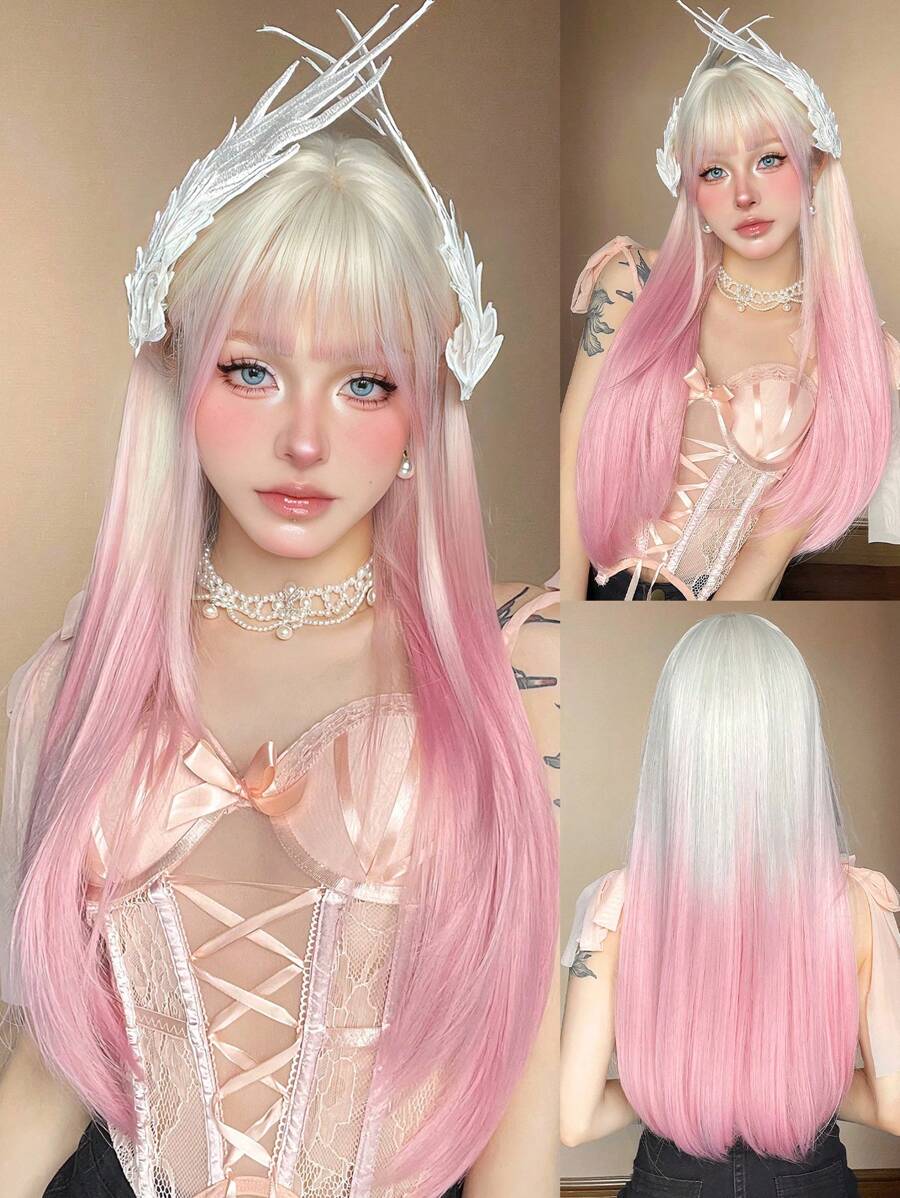 1P Piece Type Synthetic Heat-Resistant Wig White Gradient Pink Long Straight Hair, Layered, Realistic And Natural, 26 Inches Long, Made Of Fiber, Suitable For Party Festival Cosplay Use Of Women's Wig