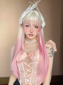 1P Piece Type Synthetic Heat-Resistant Wig White Gradient Pink Long Straight Hair, Layered, Realistic And Natural, 26 Inches Long, Made Of Fiber, Suitable For Party Festival Cosplay Use Of Women's Wig