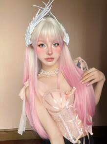 1P Piece Type Synthetic Heat-Resistant Wig White Gradient Pink Long Straight Hair, Layered, Realistic And Natural, 26 Inches Long, Made Of Fiber, Suitable For Party Festival Cosplay Use Of Women's Wig