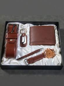 男士時尚禮品套裝 - 3眼石英手錶 + 錢包 + 皮帶 + 鋼筆 + 鑰匙扣（5件裝） - 棕色 - 查看 6