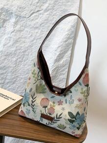 Bolso de mano magnético de punto de color bloque con diseño floral de moda, bolso de hombro simple, bolso de mano portátil, adecuado para el uso diario de las mujeres - Marrón - Ver 9