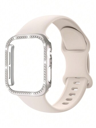 1Set 3-In-1 Minimalist New Fashion Solid Color Butterfly Buckle Silicone Watch Band & PC Rhinestone Watch Case Protector Compatible With Apple Watch 38mm 40mm 41mm 45mm 44mm 42mm 46mm 49mm, Apple Watch Ultra 9 8 7 6 5 4 3 2 1 SE Series10, Comfortable Breathable Wristband, Scratch-Resistant Waterproof Shock-Proof Watch Case, For Women And Men