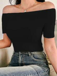Blusa Casual de corte Ajustada de Hombros Descubiertos Para Mujer - Negro - Ver 2