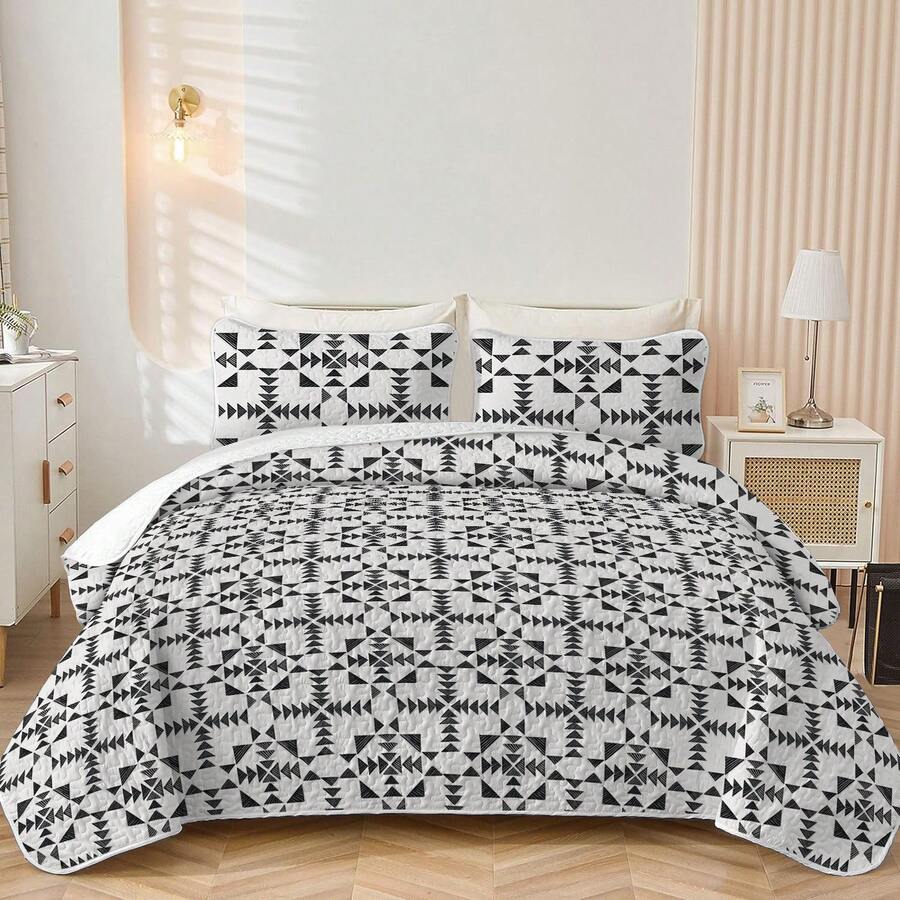 3入組超柔軟涼被套裝-現代透氣床罩-柔軟舒適-輕盈，時尚黑白幾何圖案，易於護理-適用於所有季節和多樣化的裝飾（涼被套裝·1+枕套·2）