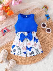 New Summer Baby Girls' Solid Color Tank Top And Printed Shorts Set With Bowknot, Butterfly & Flower Patterns