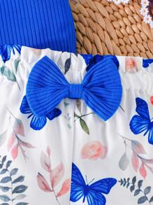 New Summer Baby Girls' Solid Color Tank Top And Printed Shorts Set With Bowknot, Butterfly & Flower Patterns