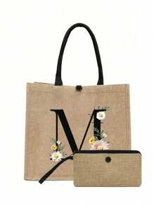 两件套，卡其色简约字母雏菊印花亚麻手提包，沙滩手提包带零钱包，便携式按扣，送给女朋友的礼物，多功能便携手提包，教师节礼物亚麻包