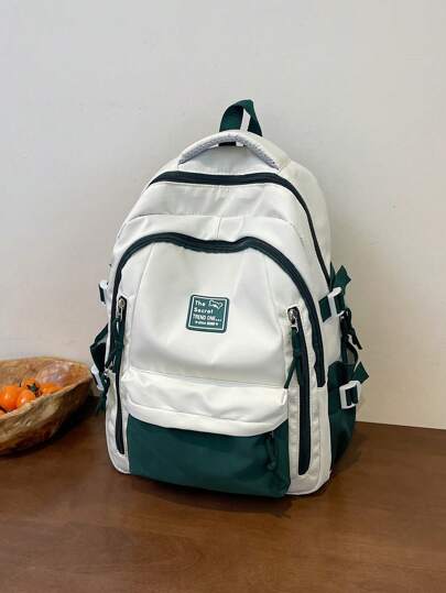 15.6 英寸大容量防水可折叠防污字母贴片装饰笔记本电脑背包中号绿色，适合旅行、大学、学校休闲背包的书包节日必备书包万圣节礼物圣诞节爸爸礼物男朋友礼物度假侧包旅行必备包书包露营夏季返校沙滩包笔记本电脑包运动生活书包大学包