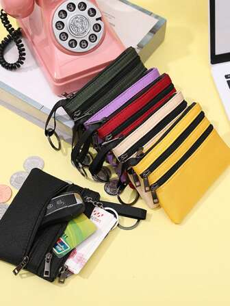1pc Polyester Women's Short Coin With Multiple Pockets And Zipper Coin Key Pouch Solid Color Daily Use For Women Wallet Purse Wallet Small Wallet