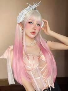 1P Piece Type Synthetic Heat-Resistant Wig White Gradient Pink Long Straight Hair, Layered, Realistic And Natural, 26 Inches Long, Made Of Fiber, Suitable For Party Festival Cosplay Use Of Women's Wig
